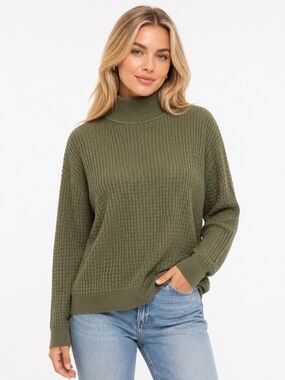 Cozy Olive Waffle Turtleneck Sweater for Women
